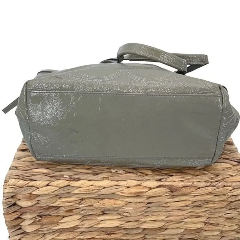 Coach Womens Gross Grain Patent Leather Stitch Tote Shoulder Bag Green Gray Medi